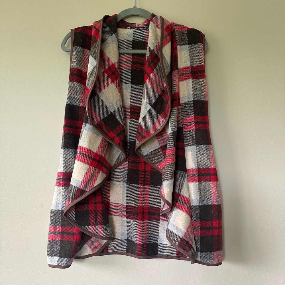 Red and Brown Plaid Open Front Draped Vest Size M